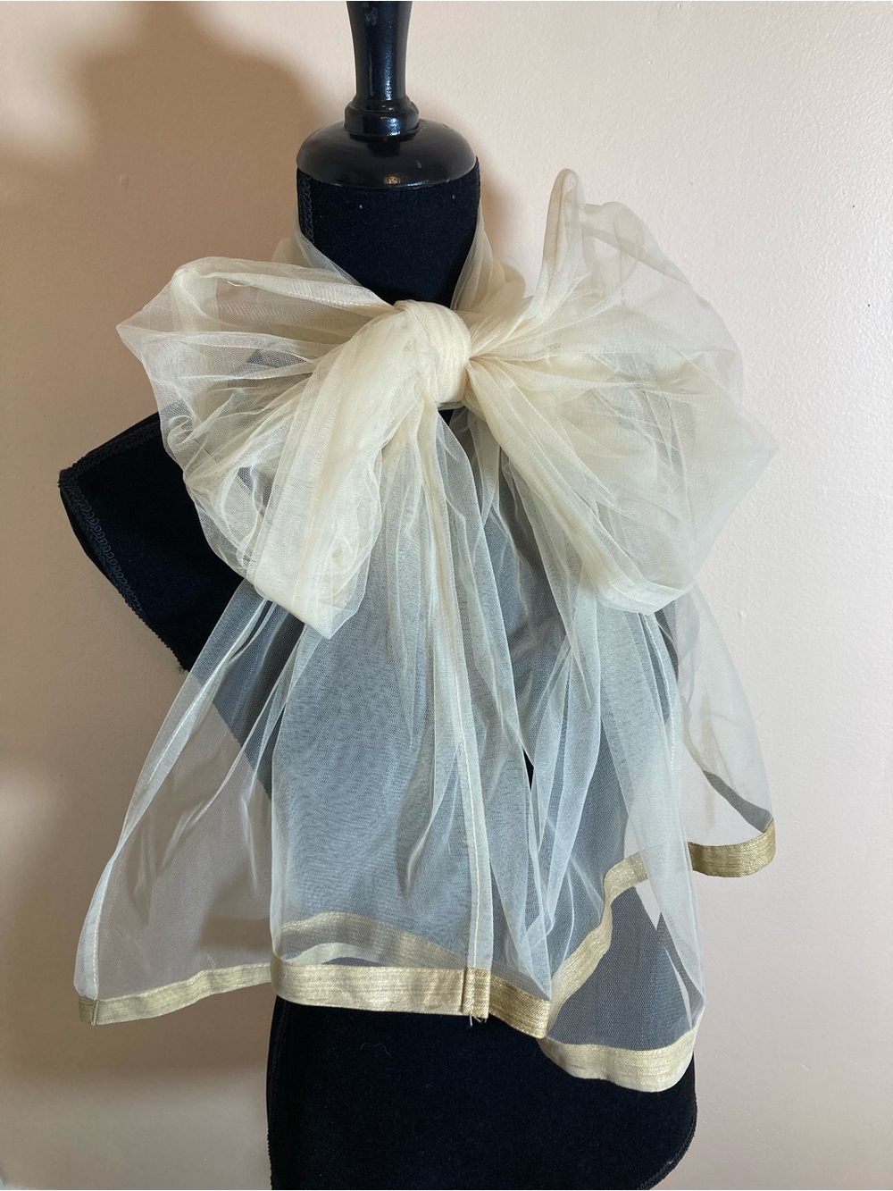 Sheer Ivory Organza Scarf with Gold Trim - Women Accessories